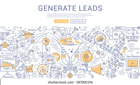 Doodle vector illustration of Lead generation, Sales funnel, marketing process for generating business leads.