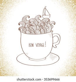 Doodle vector illustration with lettering Bon Voyage - Happy journey. 