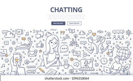 Doodle Vector Illustration Of Live Chat Communication, Chatting On Mobile Smartphone, Social Networking. Concept Of Online Chatting For Web Banners, Hero Images, Printed Materials