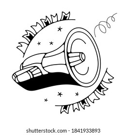 Doodle Vektorgrafik mit Lautsprecher. Einzeln auf weißem Hintergrund.