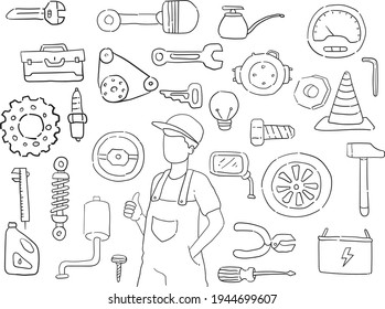 Ilustración vectorial de cartón de automóviles de reparación machánica en un taller. Cojín de taller de reparación automática para materiales impresos, pancarta. Taller de Motocicleta de Auto. Herramientas reparar iconos de doodle. Activa mecánicamente 