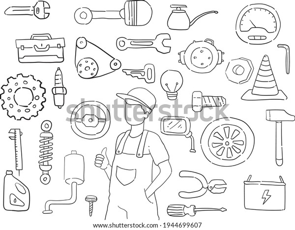 Doodle vector illustration of machanic repairing\
automotive in a workshop. Auto repair shop concet for printed\
materials, banner. Car Motorcyle workshop. Tools repair doodle\
icons. Thumbs up mechanic\
