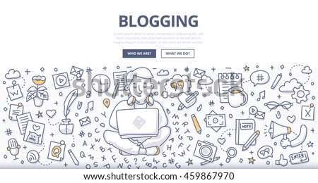 Doodle vector illustration of a man with a laptop creating quality content, writing an article for blog