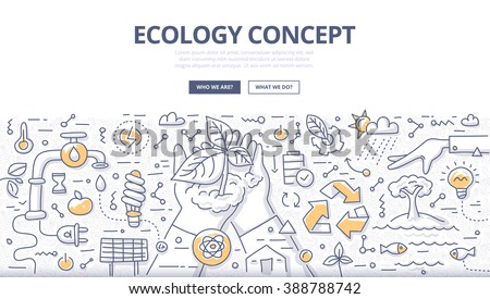 Doodle vector illustration of man properly using and protecting nature. Ecology concept of nature conservation and preservation for web banners, hero images, printed materials