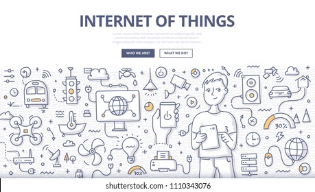 Doodle vector illustration of a man using tablet to control various devices. Internet of things & home automation technology. IOT concept for web banners, hero images, printed materials