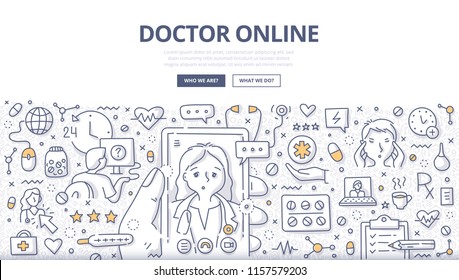 Doodle vector illustration of a man using mobile phone to chat with a doctor online. Concept of online medical consultation for web banners, hero images, printed materials