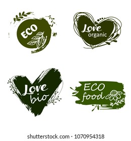 Doodle. Vector illustration for menu of restaurants, packaging, advertising. Set of logos, icons, design elements. Natural food, organic food, veggie food. Healthy food label. Hand drawing. Bio,