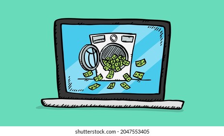 Doodle vector illustration of money laundering on laptop screen. Colorful hand drawn illustration.