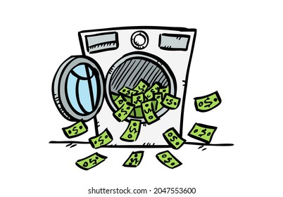 Doodle vector illustration of money laundering. Colorful hand drawn illustration. Isolated object on white background.