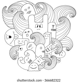 Doodle vector illustration with monsters. Funny monsters graffiti. can be used for backgrounds, t-shirts Coloring book for adults