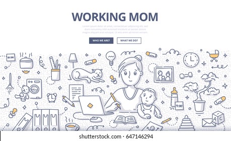 Doodle vector illustration of mother writing in notebook and working at laptop while sitting  with her child at her working place. Concept of mom working at home