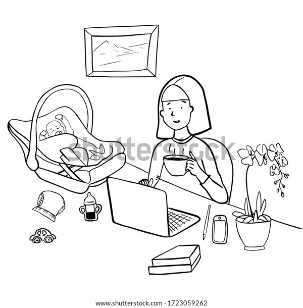 Doodle vector illustration of a mother writing in\
a notebook and working on a laptop, sitting with her child at the\
workplace. Mom working at home concept. For cards, posters,\
stickers and design.