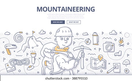 Doodle vector illustration of mountain exploration, climbing adventure, trekking and outdoor recreation. Concept of mountaineering for web banners, hero images, printed materials