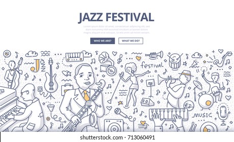 Doodle vector illustration of musicians on jazz music festival. Concept of playing jazz for web banners, hero images, printed materials