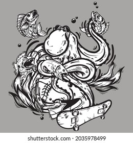 ilustración vectorial del doodle de pulpo y peces marinos