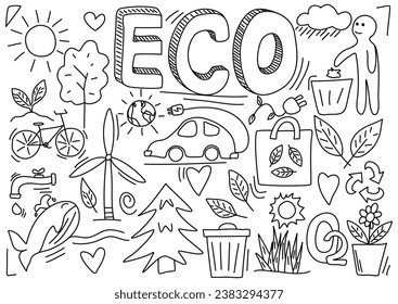 Doodle vector illustration on the theme of ecology or environmental protection.