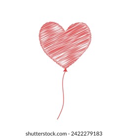 Doodle vector illustration of One beautiful bright scribble red balloon heart form isolated on a white background