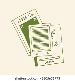 Doodle vector illustration of an open ereader with text, overlapping two patterned physical books. A minimalist comparison of digital and traditional reading