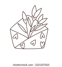 Doodle vector illustration of opened envelope full of flowers. Design element for creating valentines, gift tags, greeting cards on 14 Febrary or Mother's day.