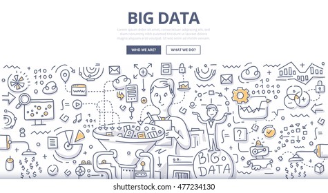 Doodle vector illustration of organizing, storing, sharing and monetizing data from companies and digital media resources. Concept of big data market for web banners, hero images, printed materials