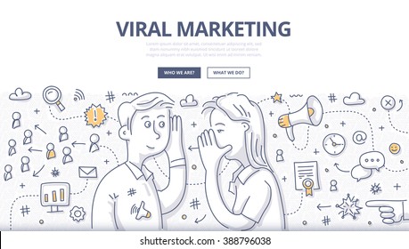 Doodle Vector Illustration Of Passing, Spreading Marketing Message About Valuable Product Or Service From Person To Person. Network Marketing Concept For Web Banners, Hero Images, Printed Materials