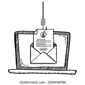 Doodle, Vector Illustration Of Phishing Login And Password From Email With Fishing Hook. Hand Drawn Cartoon Style Graphic.