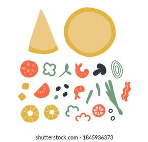 Doodle vector illustration with pizza ingredients. Pepperoni, vegeterian, seafood, mushrooms, shrimps, cheese, tomato, salami, onion. olive, meat, mozzarella. Make own pizza. For design, poster, promo