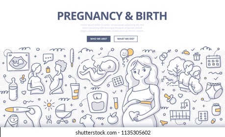 Doodle vector illustration of a pregnant woman with motherhood elements and symbols. Pregnancy, expectations and birth concept for web banners, hero images, printed materials