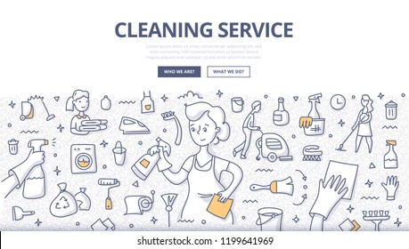 Doodle vector illustration of professional housemaid in uniform with various cleaning equipment and accessories around. Concept of cleaning service for web banners, hero images, printed materials