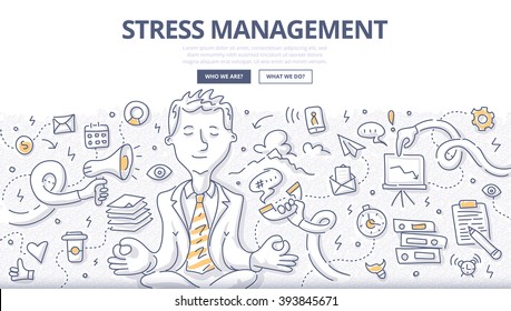 Doodle vector illustration of relaxed businessman meditating in busy office environment. Concept of fighting stress at work for web banners, hero images, printed materials