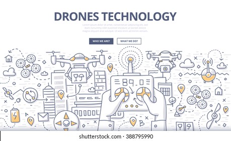 Doodle vector illustration of remotely controlled flying robots, unmanned aerial vehicles. Concept of drones technology for web banners, printed materials