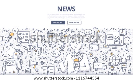 Doodle vector illustration of a reporter broadcasting news. Concept of live news reporting, mass media and journalism for web banners, hero images, printed materials