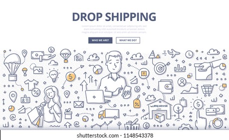 Doodle vector illustration of a retailer transferring customer's order to manufacture. Concept of how drop shipping works for web banners, hero images, printed materials