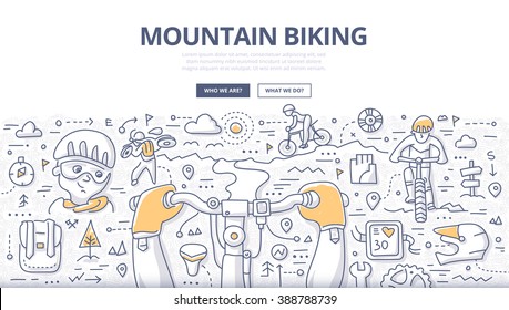 Doodle vector illustration of riding outdoor trail in mountains. Concept of mountain biking lifestyle and adventure for web banners, printed materials