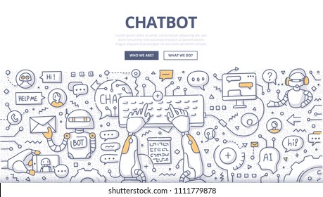 Doodle vector illustration of a robot communicating online, typing on keyboard. Chatting bot technology. Chatbot concept for web banners, hero images, printed materials