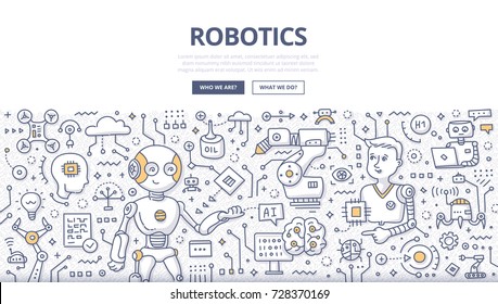 Doodle vector illustration of robotic and artificial intelligence. Concept of futuristic technology for web banners, hero images, printed materials