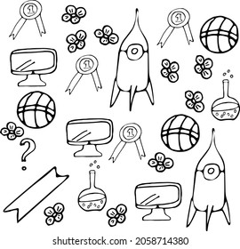 Doodle vector. Doodle illustration of rocket, monitor, ball, award, flowers, flask with liquid. Handmade style elements for design concept. 