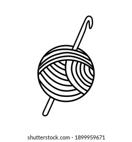 Doodle vector illustration of round yarn skein with crochet hook. Knitting crocheting hobby crafts concept. Icon for handmade business svg