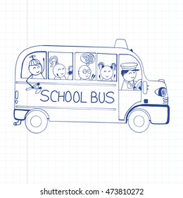 Doodle vector illustration of a school bus. Education background on graph paper.