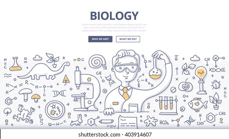 Doodle Vektorgrafik von Wissenschaftlern, die in einem Labor experimentieren. Biologie und Biotechnologie-Doodle-Konzept für Webbanner, Heldenbilder, gedruckte Materialien