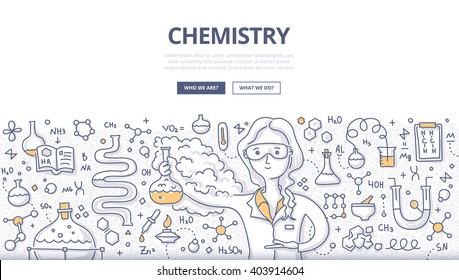 Doodle vector illustration of scientist woman with a chemistry glass explaining chemical reaction. Education concept of chemistry science for web banners, hero images, printed materials