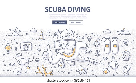 Doodle vector illustration of scuba diving, snorkeling, underwater world and equipment. Concept of undersea adventure for web banners, hero images, printed materials