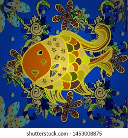 Doodle Vector illustration. Vector illustration. Seamless Collection of cartoon reef fishes. Tropical fish on a orange, blue and yellow colors.