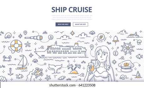 Doodle vector illustration of ship cruise, voyage vacation, summertime adventure. Concept of traveling by sea for web banners, hero images, printed materials