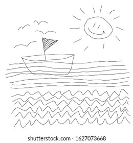 Doodle vector illustration of a ship with a sail in the sea, the sun is shining, birds are flying