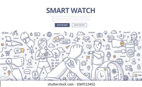 Doodle Vector Illustration Of Smartwatch Technology. Concept Of Using Smart Watch In Everyday Life For Web Banners, Hero Images, Printed Materials