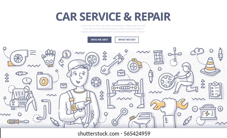 Doodle vector illustration of smiling mechanic working in auto repair. Concept of car and tire service, diagnostics and tuning for web banners, hero images, printed materials