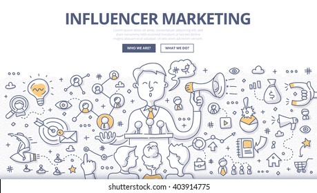 Doodle vector illustration of social influencer telling brand's story, affecting customer's purchasing decision, spreading the word through personal social channels. Outreach marketing concept
