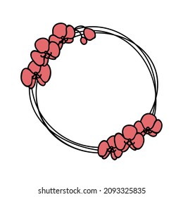 Doodle vector illustration of stylized wreath with orchid flowers. Round floral frame for your text