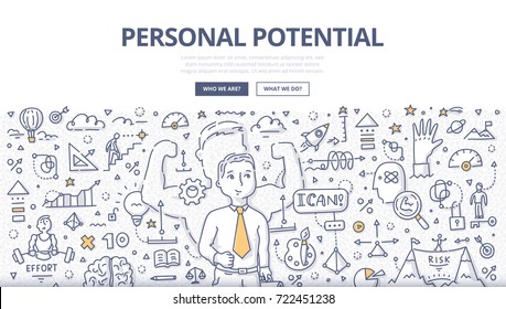 Doodle vector illustration of successful man developing and using personal gifts, talents, natural abilities. Concept of discovering personal potential for web banners, hero images, printed materials